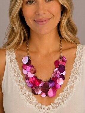 Vintage 1990s Magenta Shell Disc Cluster Statement Chain Necklace